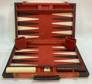 Vintage Retro Large Backgammon Set Case Chips Dice Cups Peach Leather
