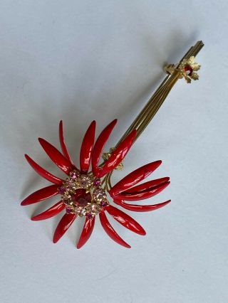 Rare Vintage signed Vendome Brooch pin enamel crystals gold tone flower unusual 2