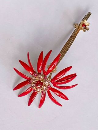 Rare Vintage signed Vendome Brooch pin enamel crystals gold tone flower unusual 3
