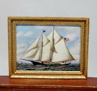 Vintage Ship Picture In Gilt Wood Frame Dollhouse Miniature 1:12