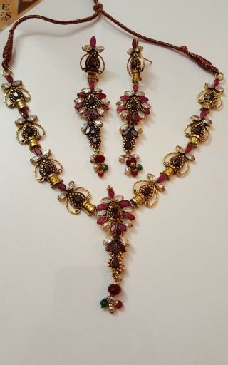 Antique Work Indian Bollywood Earrings & Necklace Jewelry Set