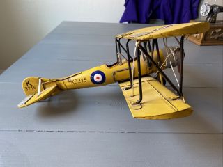 Antique Metal Bi - Plane Yellow K3215 Wwi Military Airplane British Read Desc.