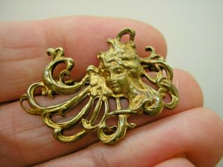 Antique Gilt Brass Art Nouveau Ladies Head Flowing Hair Brooch Pin