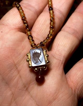 Vintage Antique Sardonyx Goddess Cameo Necklace Glass Beads W/ 14k Clasp