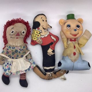 Vintage Trio Plush Toys Including A Morsly Top Hat Bear,  Olive Oyl,  Raggedy Anne