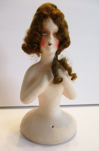 Antique German Bisque Half Doll W/real Hair For Pin Cushion Or Tea Pot Cosy Cozy
