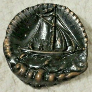 Antique Chinese Junk Boat Button Rough Seas Junk In A Shell 1 - 3/8 " Stamped Metal