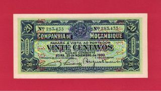 Rare Mozambique / Portugal Unc Perforated Note: 20 Vinte Centavos 1933 (p - R29)