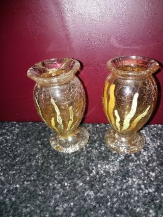Pair Vintage Small Crackle Glass Vases 1920 Ish