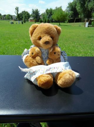 14 " Vtg Russ Berrie Co Mothers Love Mama Bear 2 Cubs Teddy Plush Blue Dress