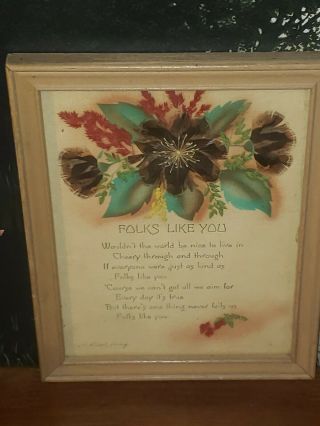 Vintage Ida Bisek? Feather Art Flower Craft Prairie Picture Signed