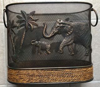 Vintage Wire Mesh Metal Waste Basket Trash Can Elephant Palm Tree