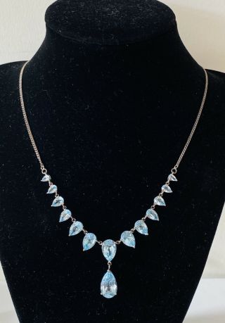 Vintage Rare Signed Sam.  925 Sterling Silver Aquamarine Drop Link Necklace 20”