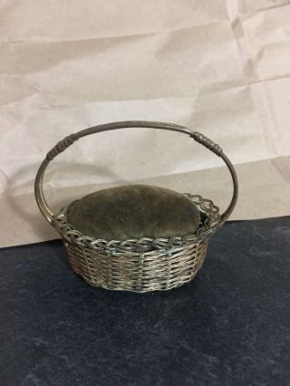 German Antique Silver Plate Woven Basket Pin Cushion Pincushion