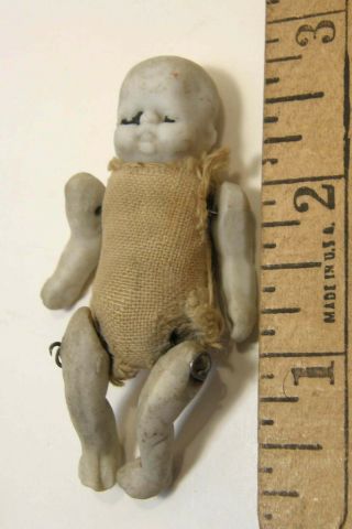 Antique Vintage Bisque Porcelain 2 3/4 " Jointed Baby Doll Miniature Dollhouse
