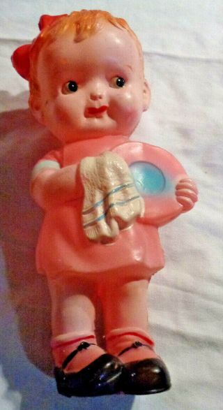 Vintage Celluloid Toddler Girl W Bow Drying Plate Doll Made In Occupied Japan