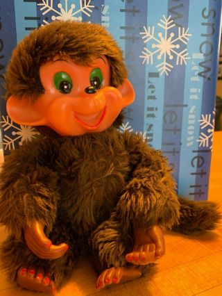 Vintage Rubber Face Monkey Toy Stuffed Plush Brown; Green Eyes; Taiwan