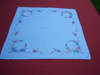 Vintage Tablecloth - White Cotton Linen Hand Embroidered Floral Design 33 " X 33 "