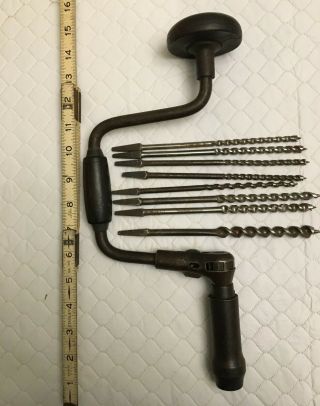 Vintage Antique Hand Crank Brace Bit Drill With 8 Bits