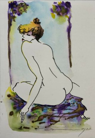 Vintage Pen And Watercolor Of Woman By: Dubois 5x7in