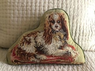 Rare Antique Wool Needlepoint Down Filled Pillow King Charles Spaniel Dog