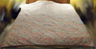 Rare Pottery Barn Jane Paisley Quilted Green / Pink Reversible Quilt Bed Cover