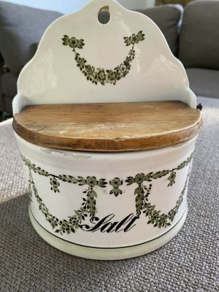 Antique Creamy Beige Hanging Stoneware Salt Box W/ Lid Marked Gmt & Bro Germany