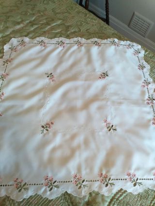 Vintage Square Tablecloth - White With Floral Design Very Pretty 33 " X 33 "