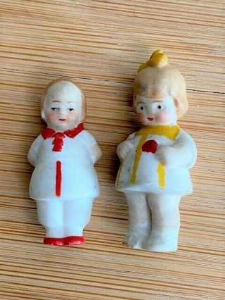 Set Of 2 Antique German Bisque Miniature Doll House Size Tiny Girls