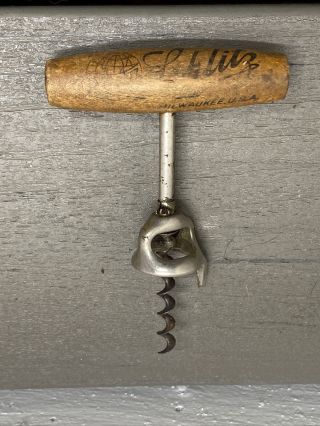 Antique Schlitz Beer Advertising Corkscrew Bottle Opener - Wood Handle