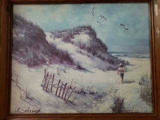 Vintage A.  Sehring Wood Framed Print of A DAY at THE BEACH 22.  5 in.  x 18.  5 in. 2