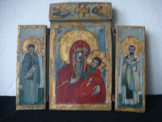 Rrr Rare Antique Christian Orthodox Triptych Icon Virgin Mary Jesus Christ