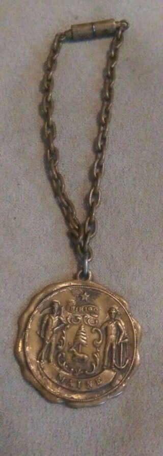 Antique 19th C Bronze Keychain W/ Medallion State Of Maine Crest Coat Of Arms