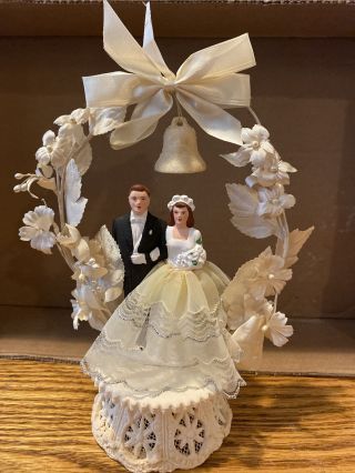 Vintage 1940/1950’s Antique Chalkware Wedding Cake Topper Flowers 8 " Bride Groom
