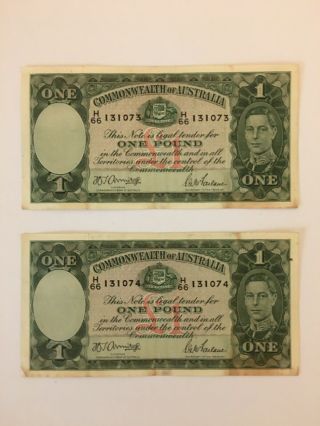 Rare: 2 Consecutively Numbered 1942 Australia £1 Notes; Vf