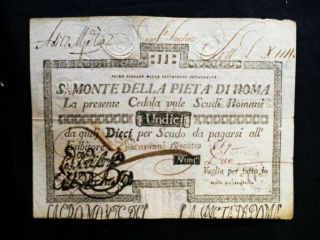 1792 Vatican Italy Rare Large Banknote Assignat 11 Scudi Vf,  S.  Monte Di Pietà
