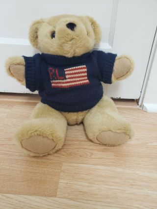 Vintage Ralph Lauren Polo 15 " Teddy Bear 1996 Usa Flag Jointed Legs Flag Sweater