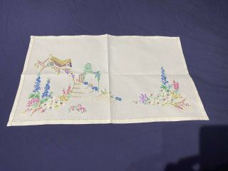 Vintage Cottage Garden Hand Embroidered Cream Cotton Trolley / Tray Cloth