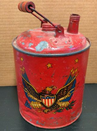 Antique Vtg Red Artillery Eagle Galvanized Gas Kerosene Oil Can Wood Handle
