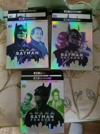 Batman,  Batman Returns,  Batman Forever 4k Discs,  Case,  Rare Oop Slipcover.
