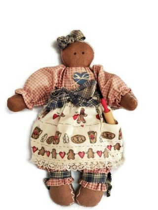 Primitive Gingerbread Doll Girl Cloth Fabric Vintage Folk Art Rolling Pin 13 "