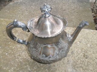 Victorian Wilcox Quadruple Silver Plate Etched Tea Pot Meriden Conn.  No.  5073 6.