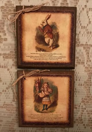 5 Wooden Handcrafted Alice In Wonderland Ornaments / Gift Tags / Hang Tags Set - B