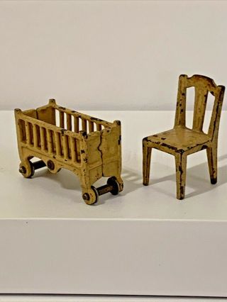 Vintage Dollhouse Furniture Die Cast Metal Kilgore Crib & Arcade Chair. 2