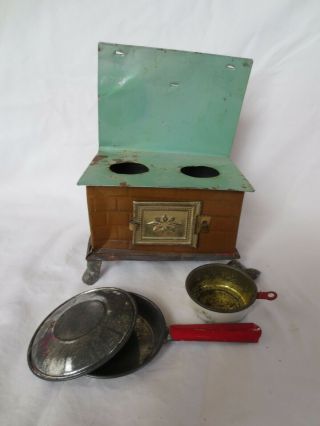 Tin Antique Play Stove W/pans Turqouise Blue And Brown