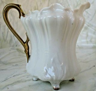 Vintage Antique Small Porcelain Cream Pitcher R S Germany White Gold Handle.
