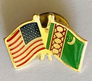 Turkmenistan America Usa Twin Flag Pin Badge Rare Vintage (n10)