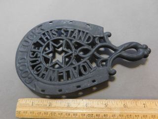 Vintage Antique Black Cast Iron Trivet Good Luck Horse Shoe (2)