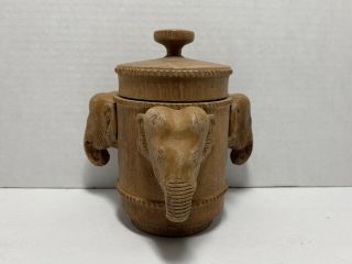 Vintage Round Hand - Carved Wooden 3 Elephant Heads Jar Container With Wooden Lid
