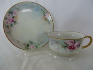 Hand Painted Unmarked Nippon Tea Cup And Saucer Blue With Pink Roses